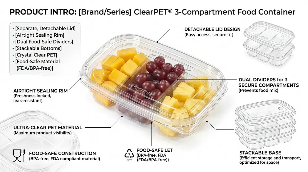 Product feature showcase of 17OZ 500ML Clear PET Three-Compartment Container with lid