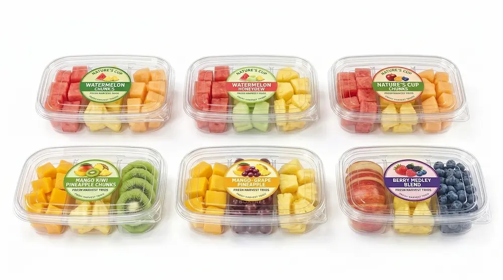 17OZ 500ML Clear PET Three-Compartment Containers with fruit label designs