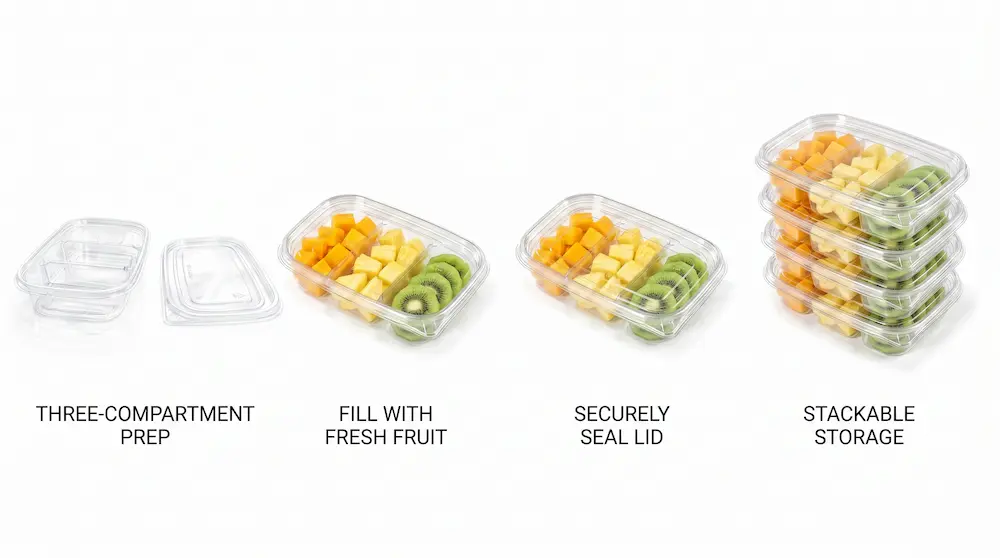 Usage process of 17OZ 500ML Clear PET Three-Compartment Container from filling to stackable storage