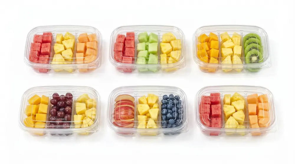 Assorted 17OZ 500ML Clear PET Three-Compartment Containers for fresh-cut fruit packaging