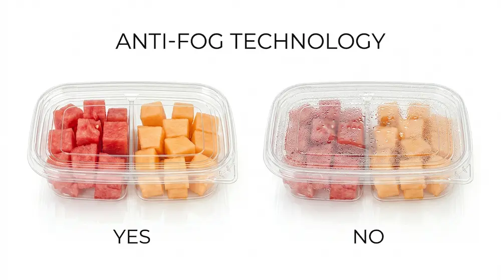 Anti-fog technology comparison for 17OZ 500ML Clear PET Two-Compartment Container