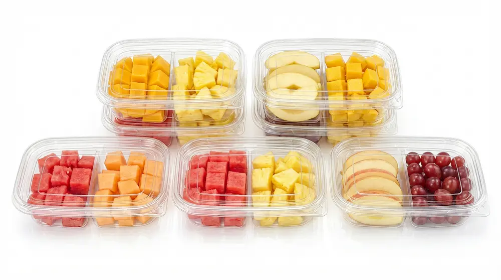 17OZ 500ML Clear PET Two-Compartment Container for assorted fresh-cut fruit pairings