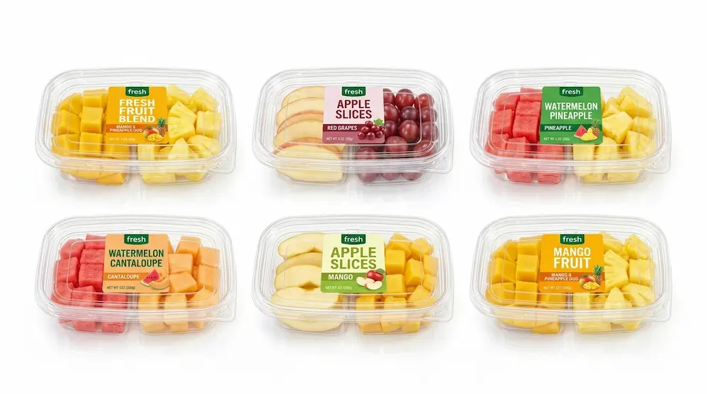 17OZ 500ML Clear PET Two-Compartment Containers with colorful fresh fruit retail labels