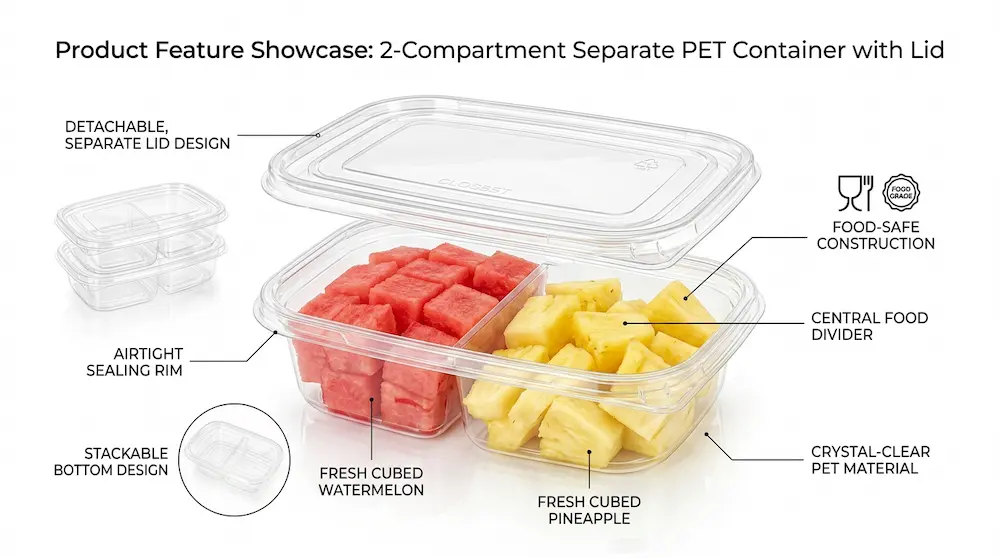 Product feature showcase of 17OZ 500ML Clear PET Two-Compartment Container with lid