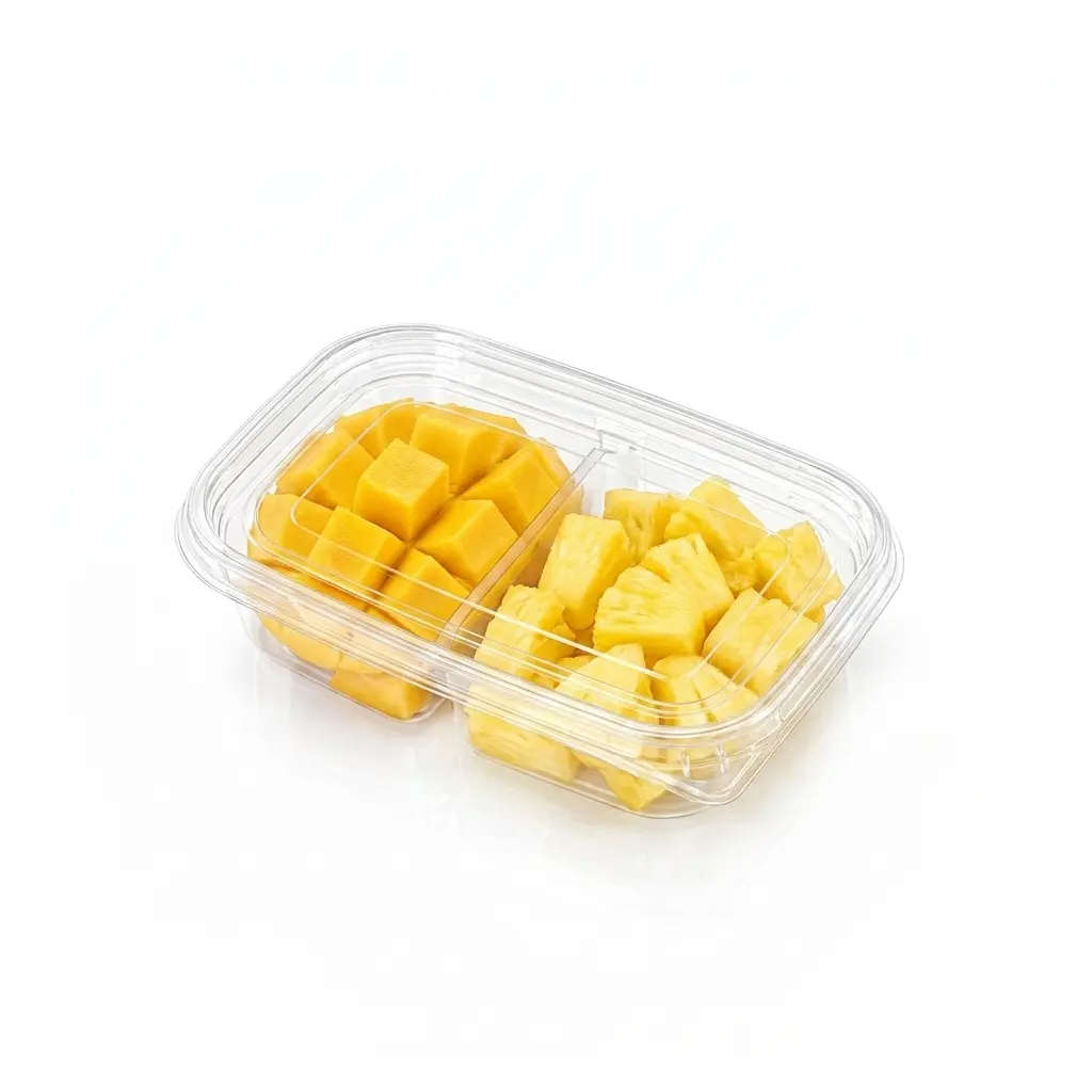 17OZ 500ML Clear PET Two-Compartment Container for mango cubes and pineapple chunks