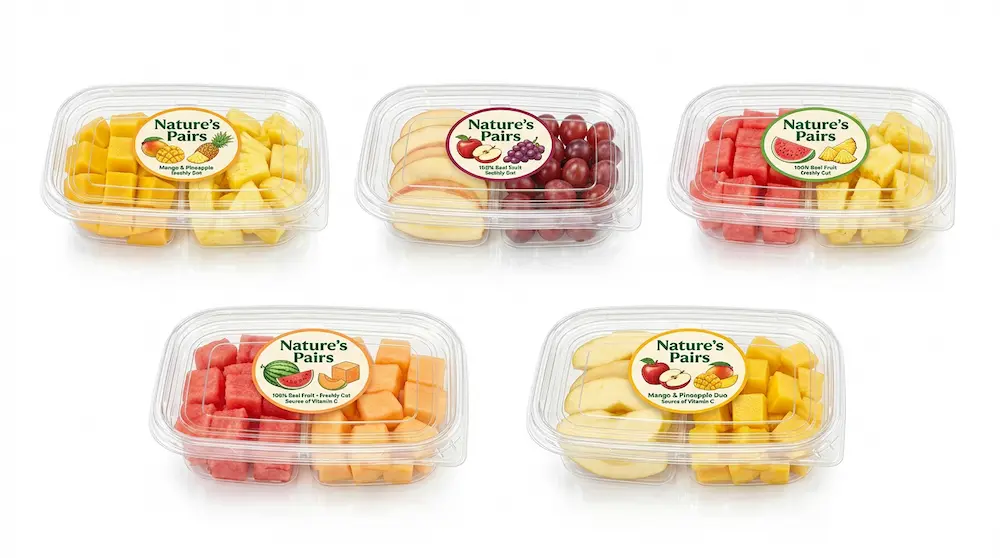 17OZ 500ML Clear PET Two-Compartment Containers with Nature’s Pairs fruit label designs