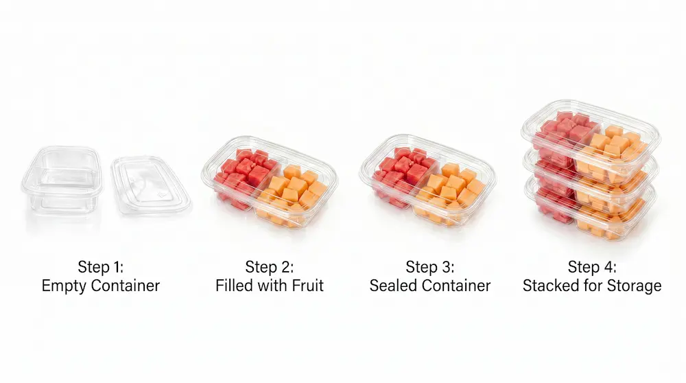 Usage process of 17OZ 500ML Clear PET Two-Compartment Container from empty container to stacked storage