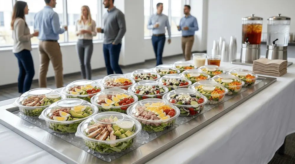 17oz clear PET hinged salad bowls for corporate catering and event food service