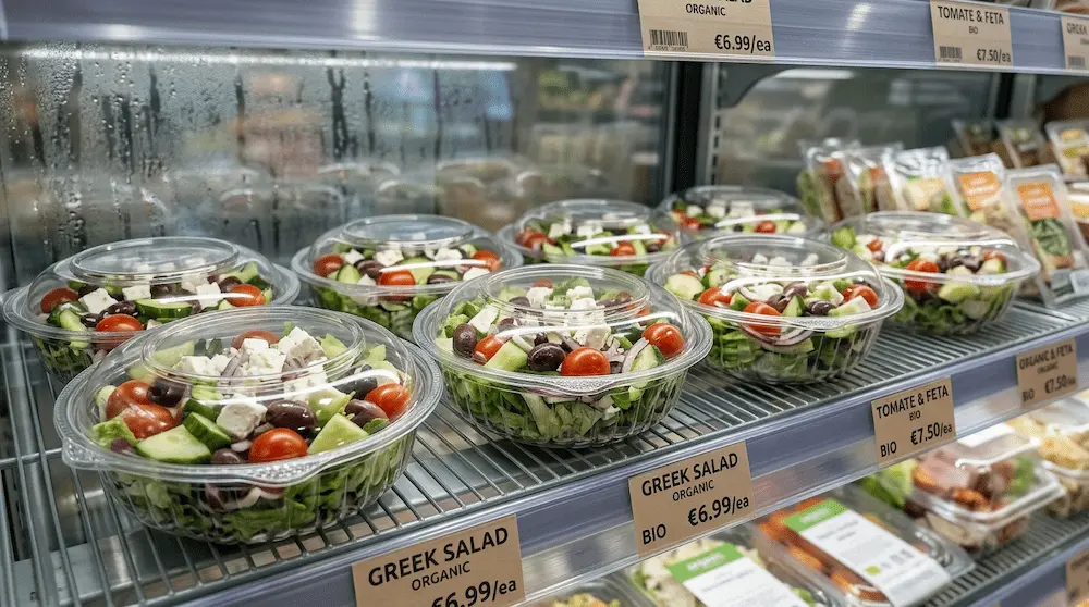 17oz clear PET hinged salad bowls for Greek salad in refrigerated retail display