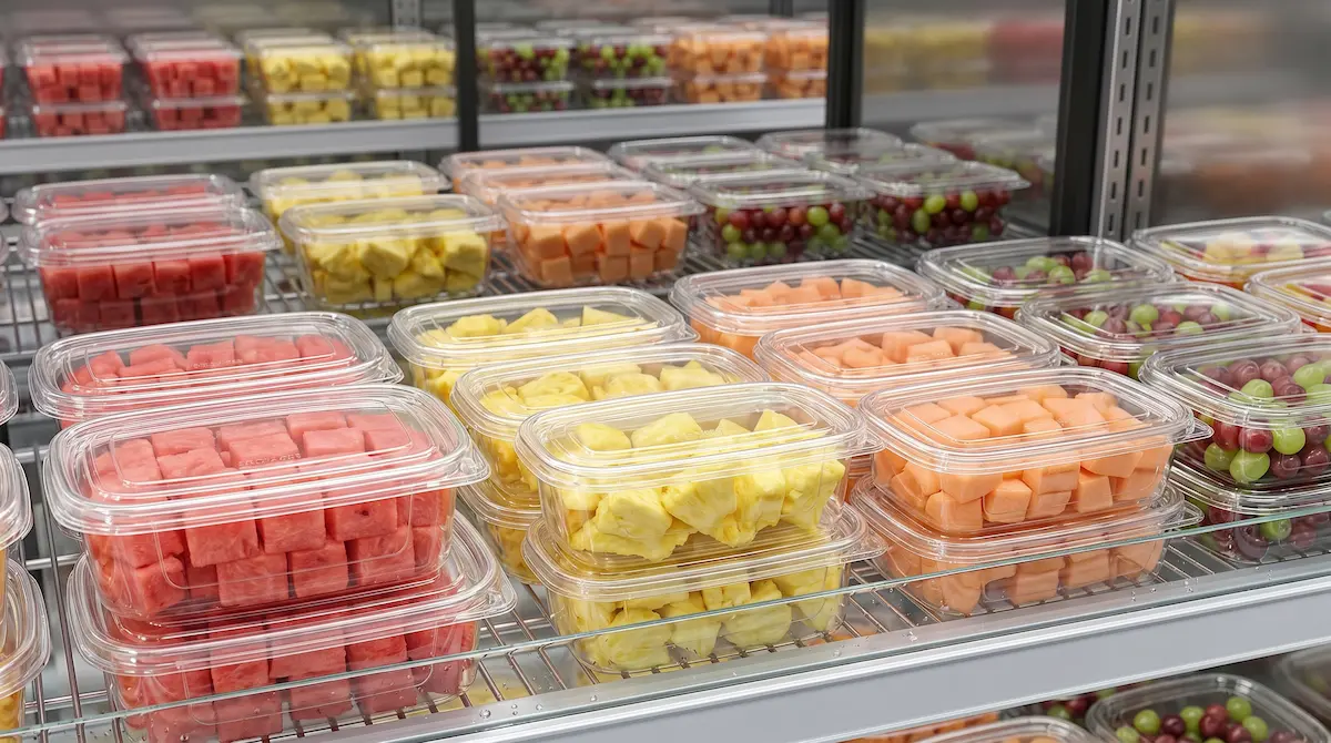 Clear PET fruit containers displayed on wooden tiered supermarket shelf for fresh-cut fruit and ready-to-eat snacks