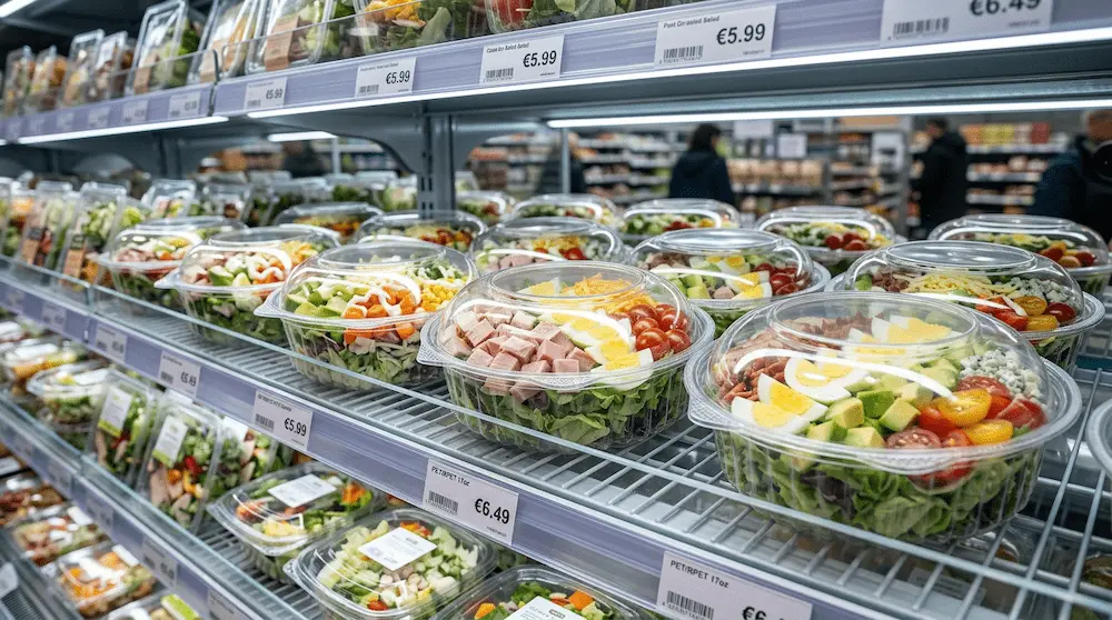 17oz clear PET salad bowls with hinged lids displayed in supermarket refrigerated shelf
