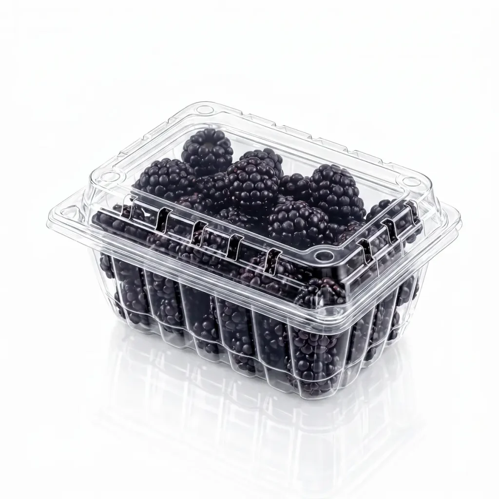 18OZ Flip-Top Agricultural Container packed with fresh blackberries in transparent produce clamshell packaging