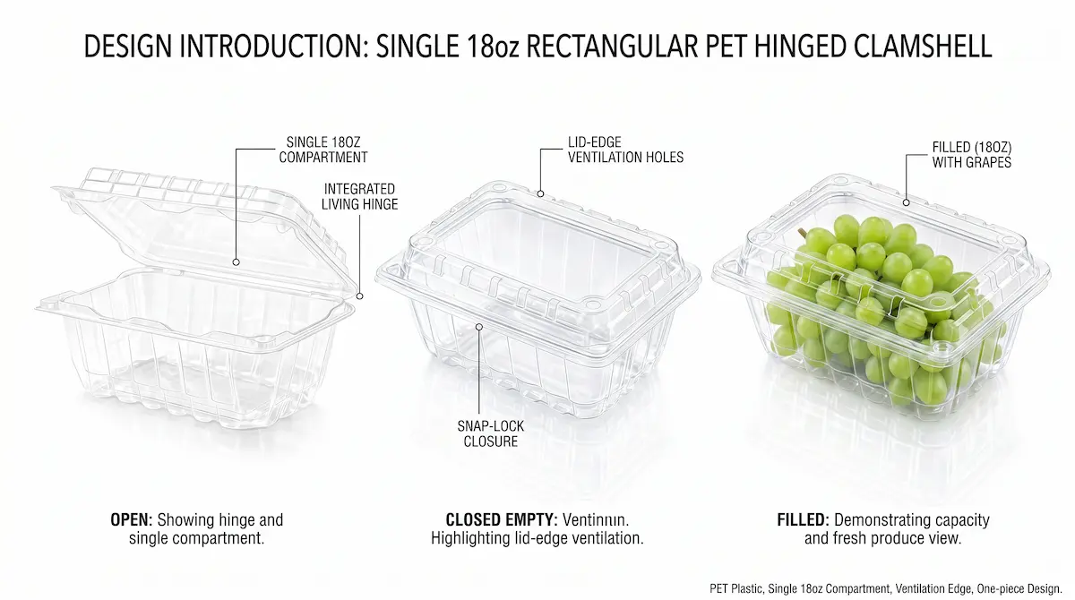 18OZ Flip-Top Agricultural Container feature diagram with ventilation, snap-lock closure, ribbed stacking, and clear PET material