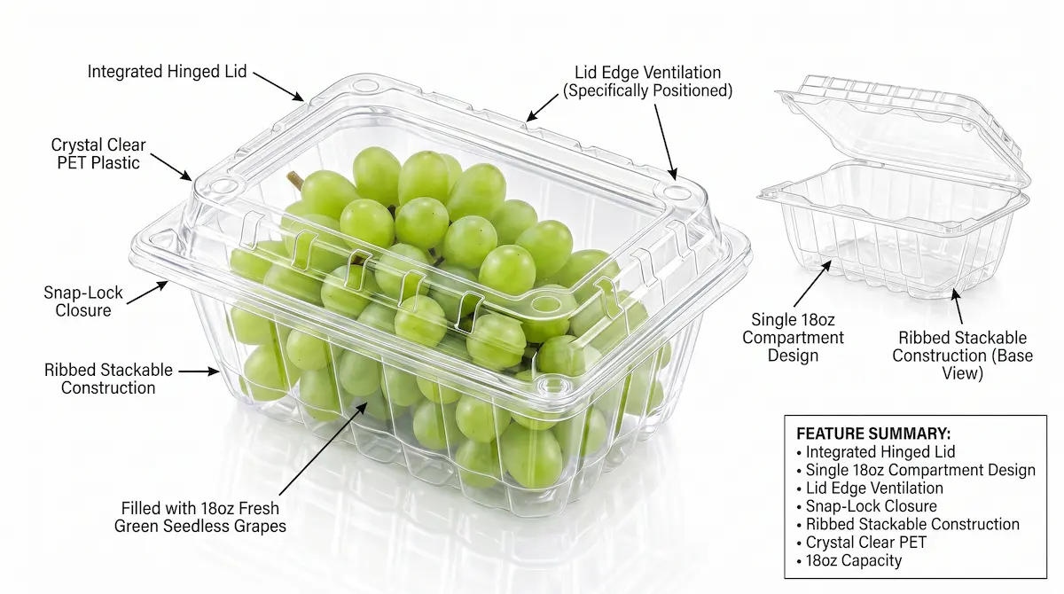 18OZ Flip-Top Agricultural Container design introduction with open, closed empty, and grape-filled views