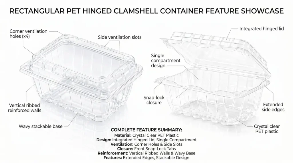 18OZ Flip-Top Agricultural Container feature showcase with corner ventilation holes, side slots, ribbed walls, snap-lock tabs, and integrated hinge