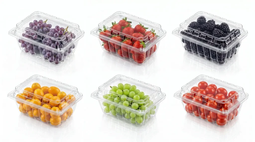 18OZ Flip-Top Agricultural Containers displayed with grapes, strawberries, blackberries, kumquats, green grapes, and cherry tomatoes