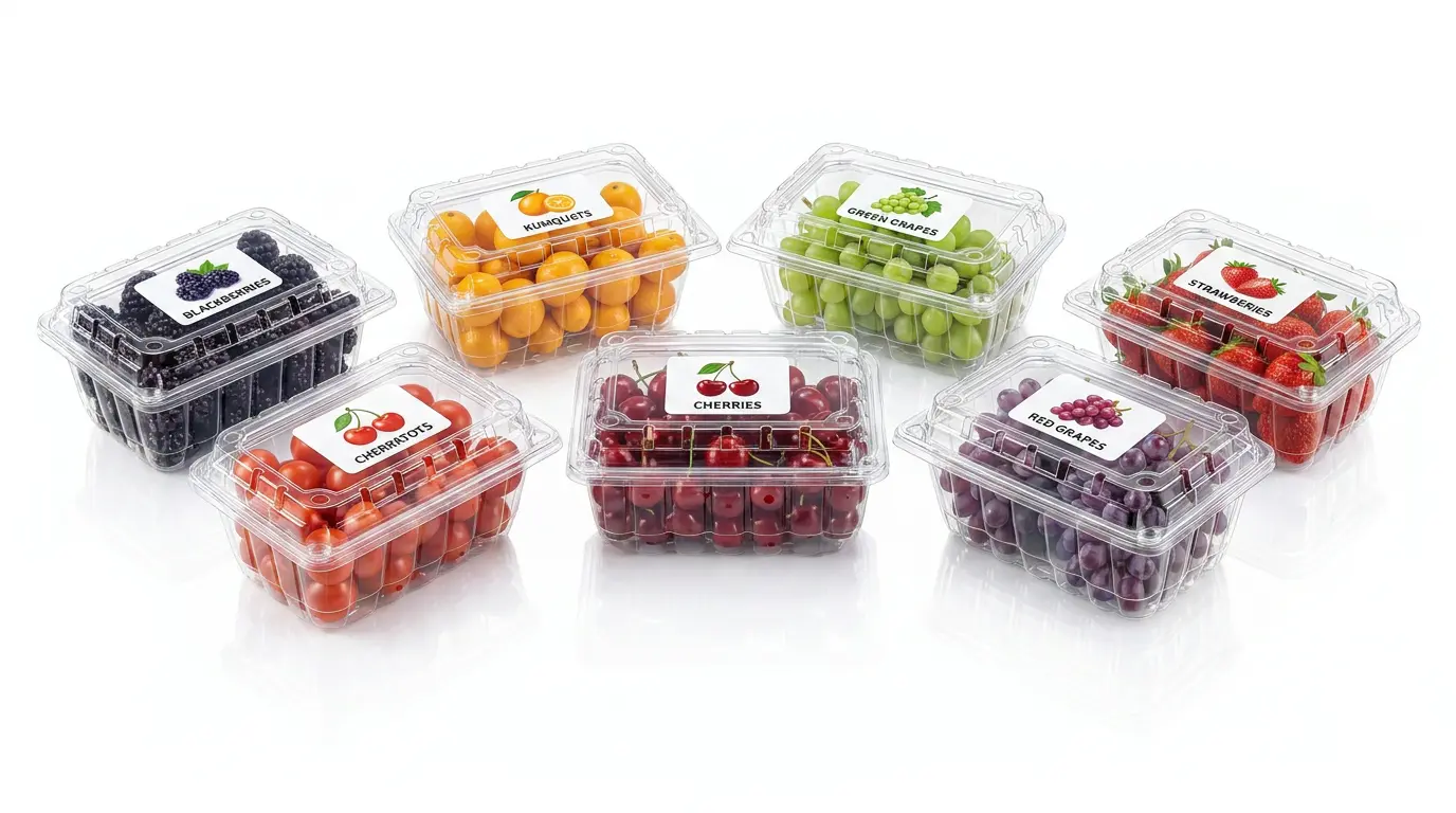 18OZ Flip-Top Agricultural Containers with produce labels for blackberries, kumquats, grapes, strawberries, tomatoes, and cherries