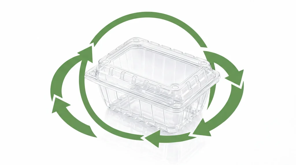 18OZ Flip-Top Agricultural Container with green recycling arrows for recyclable PET packaging concept