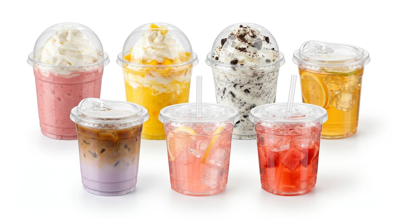 18 oz PET/RPET Clear Cold Cup assorted cold beverage display