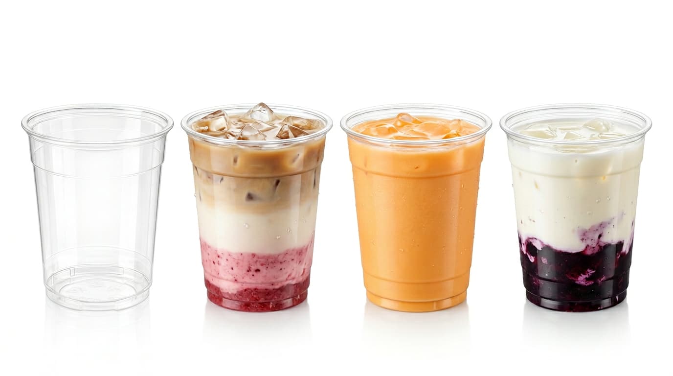 18 oz PET/RPET Clear Cold Cup with empty cup, chocolate frappuccino, orange Americano, and fruit tea