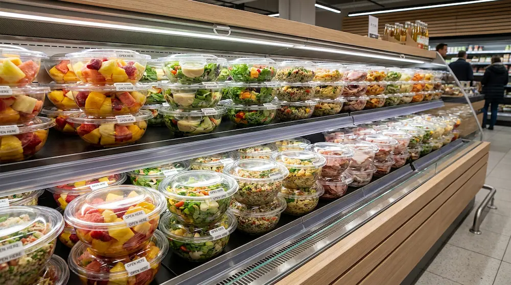 18oz tamper-evident clear PET rPET round bowls for cafe grab-and-go salad and fruit display