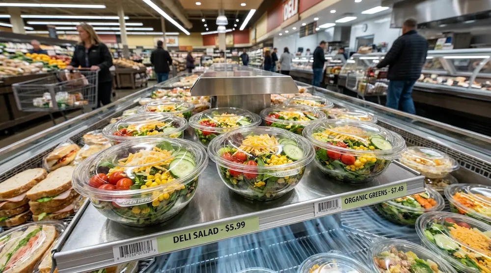 18oz tamper-evident clear PET rPET round bowls for North American deli salad retail display