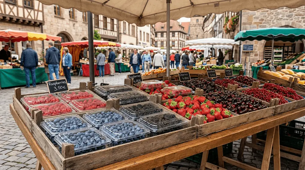 1LB vented clamshell pack for premium berries at European farmers market fruit stand