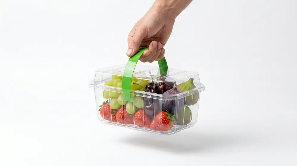 Hand carrying 1LB Vented Clamshell Pack with green handle and assorted fresh fruit