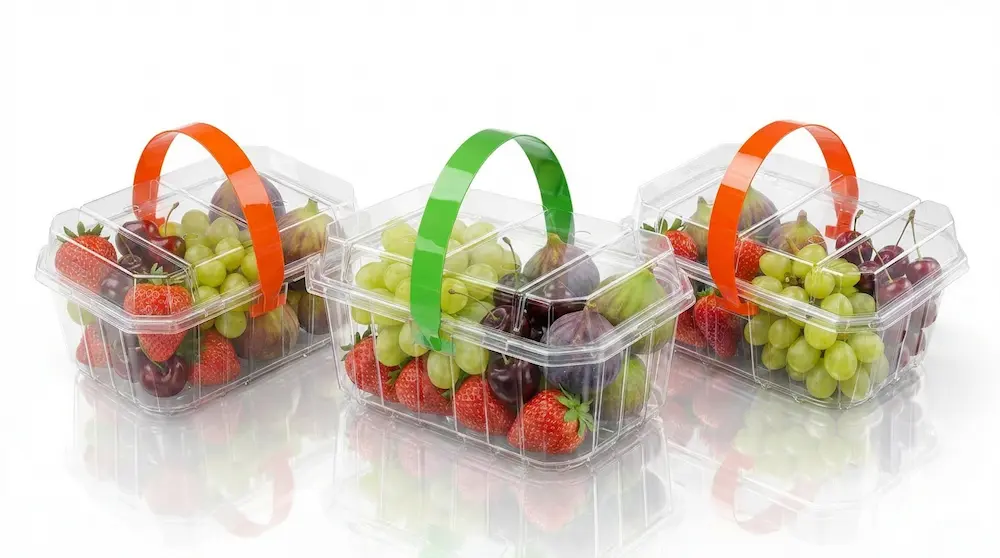 Group image of 1LB Vented Clamshell Packs with green and orange handles for fruit gift packaging