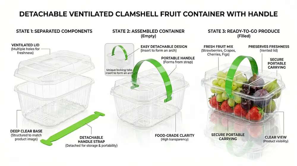 Structure guide of 1LB Vented Clamshell Pack with detachable handle and ventilated lid