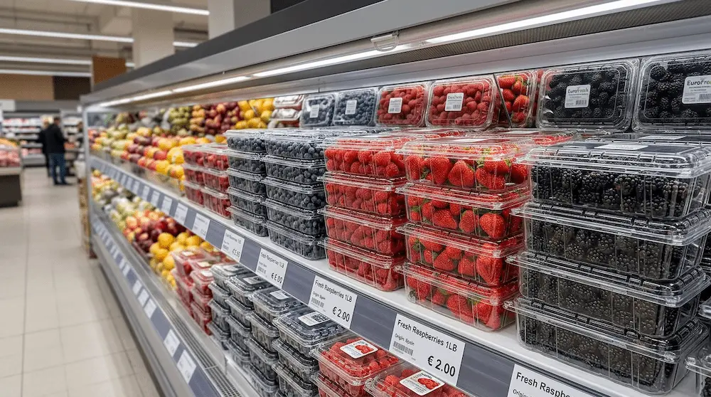 1LB vented clamshell pack for refrigerated berry display in European supermarket