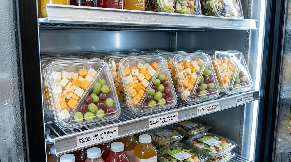 Clear 2 compartment PET clamshell container for cheese cubes and grapes in convenience store grab-and-go display