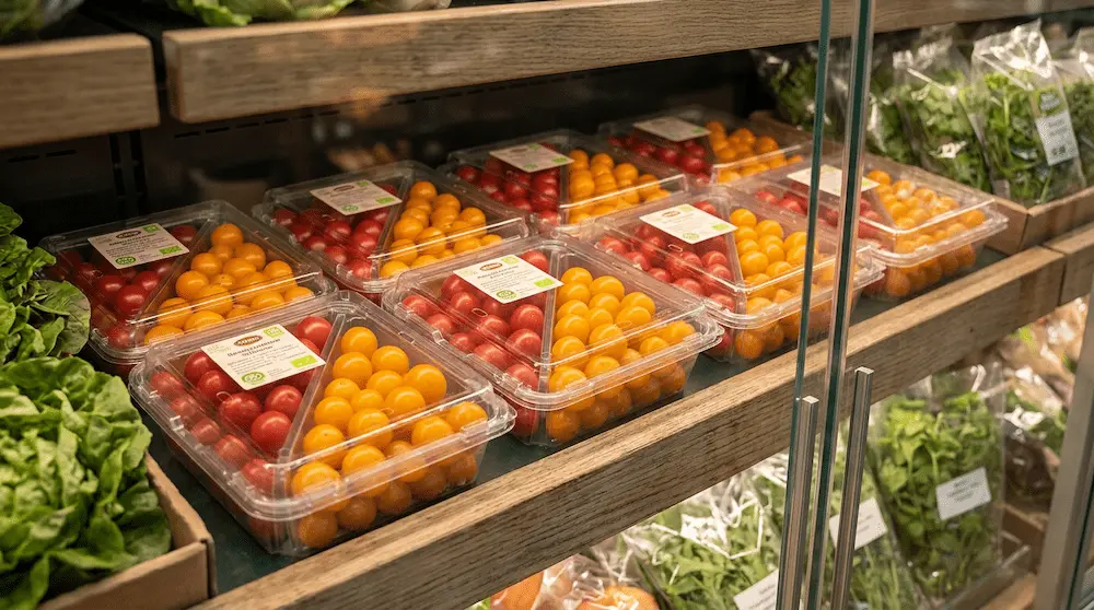 Clear 2 compartment PET clamshell container for red and yellow cherry tomatoes in an organic grocery shelf