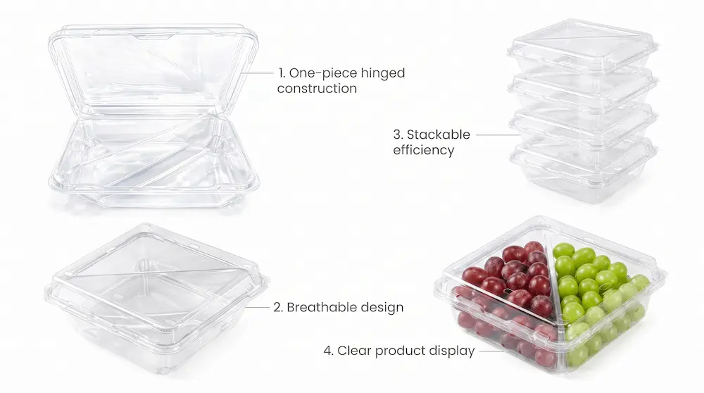 Feature overview of a 2 compartment PET clamshell container showing hinged construction, breathable design, stackability, and clear display 名称 / File Name