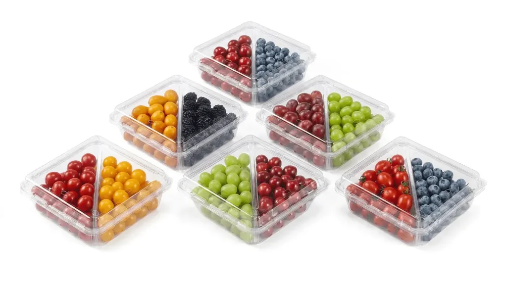Display image of five 2 compartment PET clamshell containers showing different fruit combinations