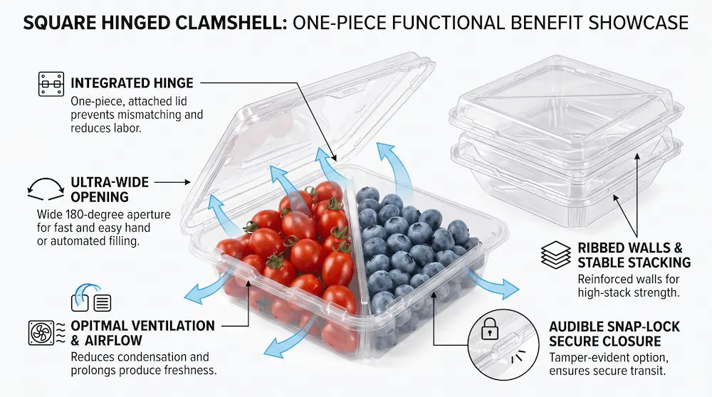 Functional benefit infographic of a 2 compartment PET clamshell container showing integrated hinge, wide opening, ventilation, stackability, and secure closure