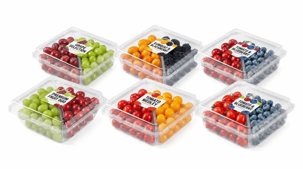 Labeled 2 compartment PET clamshell containers showing packaging options for grapes, tomatoes, blackberries, and blueberries