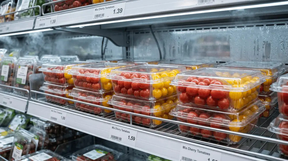 2 compartment PET clamshell container for mixed cherry tomatoes in supermarket refrigerated produce display