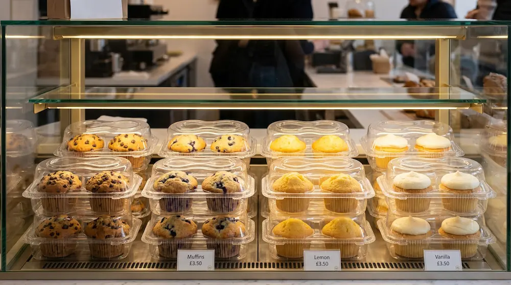 2-count clear PET cupcake containers displayed in a bakery case with muffins and cupcakes