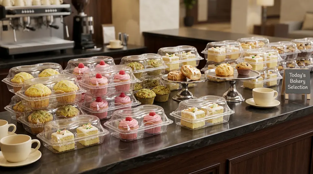 2-count clear PET cupcake containers displayed on a premium hotel café pastry counter