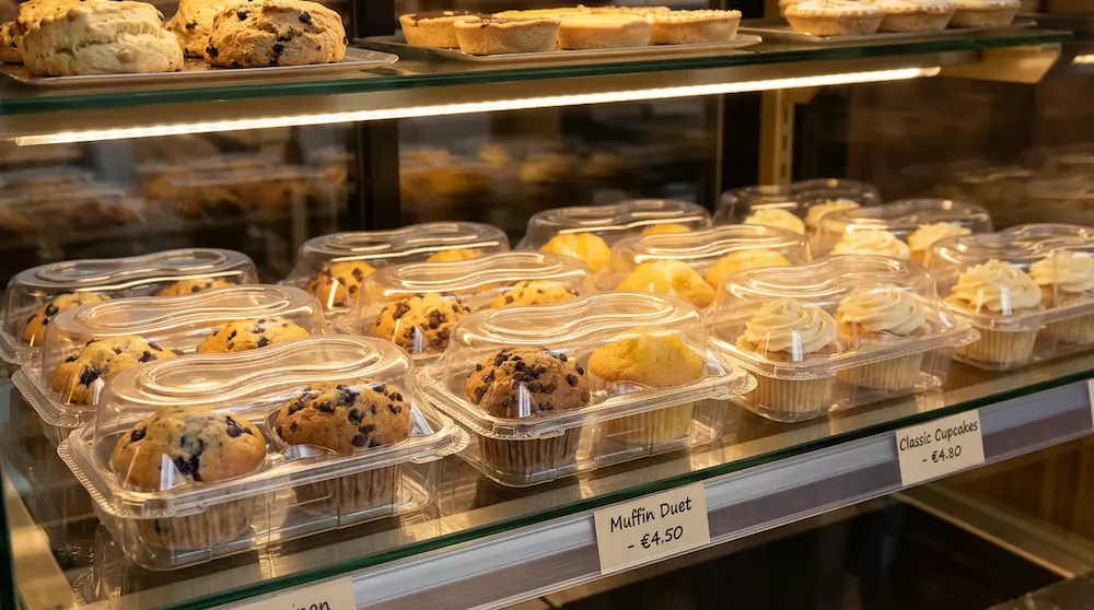 2-count muffin containers displayed in a bakery glass case with muffins and cupcakes