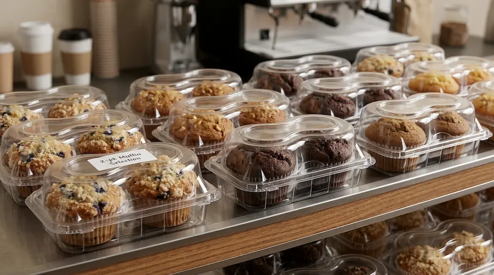 2-count muffin containers for grab-and-go cafe bakery display