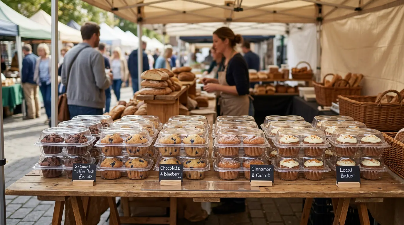 2-count muffin containers at an outdoor bakery market stall