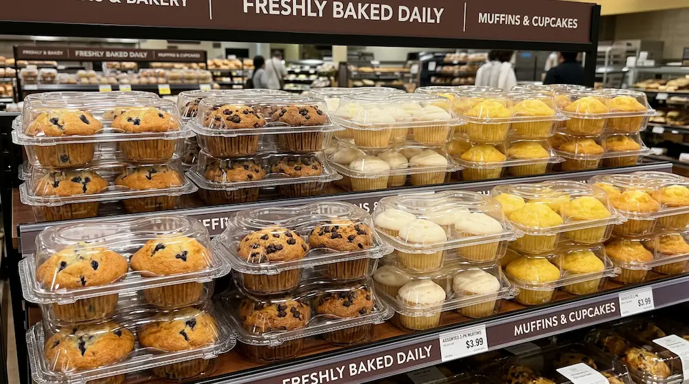 2-count muffin containers stacked on a supermarket bakery shelf