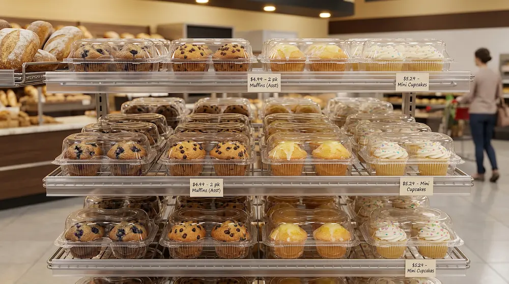 2-count muffin containers on an upscale supermarket bakery rack