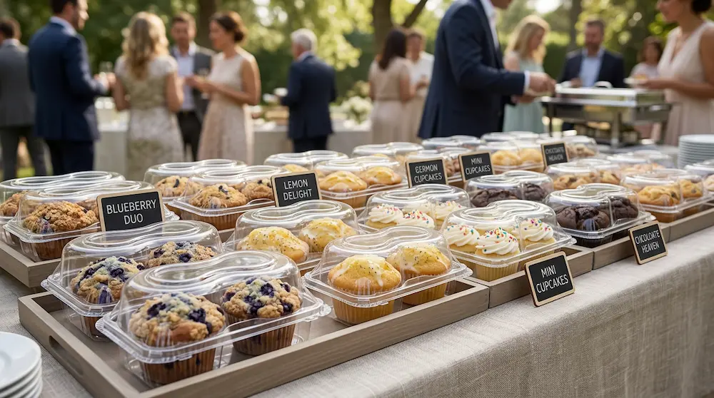 2-count PET cupcake containers used for outdoor catering and breakfast pastry service