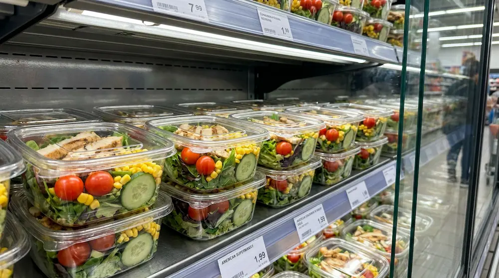20 oz clear square flat lid food container for chilled salad display in supermarket