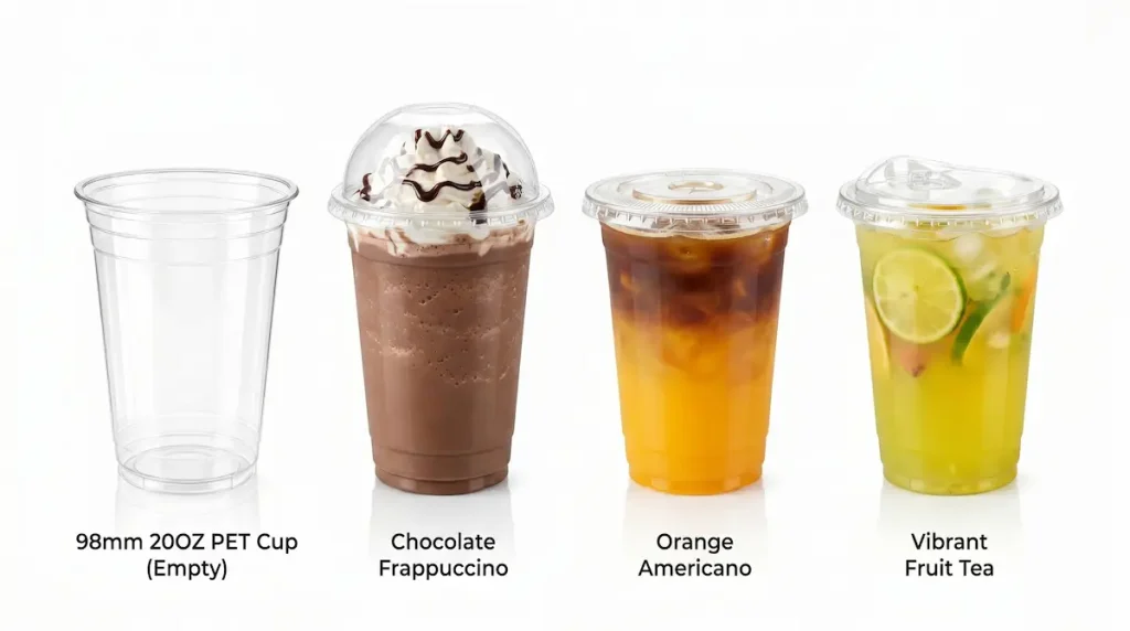 20 oz PET/RPET Clear Cold Cup for assorted coffee, fruit tea, and whipped cream drinks