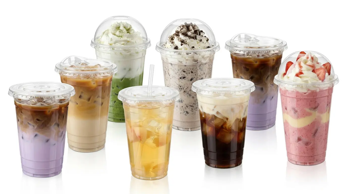 20 oz PET/RPET Clear Cold Cup assorted drink application group display