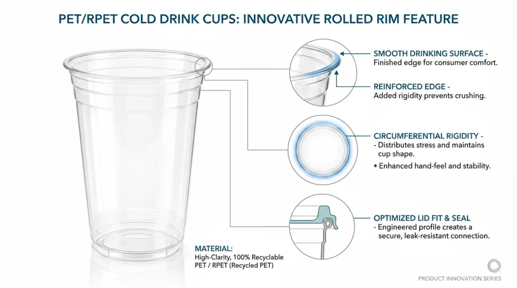 20 oz PET/RPET Clear Cold Cup rolled rim feature infographic